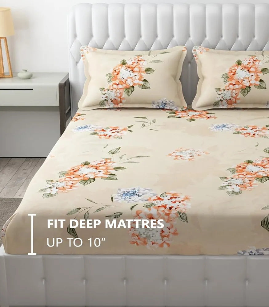 FRESH FROM LOOM Elastic Fitted Floral Bed Sheets King Size Bed with Two Pillow Cover,Soft Glace Cotton Bed Covers for Mattresses Tuck in,,Rose Beige),144 TC