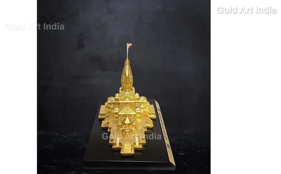 Gold Art India Ram Mandir Ayodhya Gold Plated Matte 24 Karat - Minature for Gifting, Puja Room, Office Desk, Home Decor 
