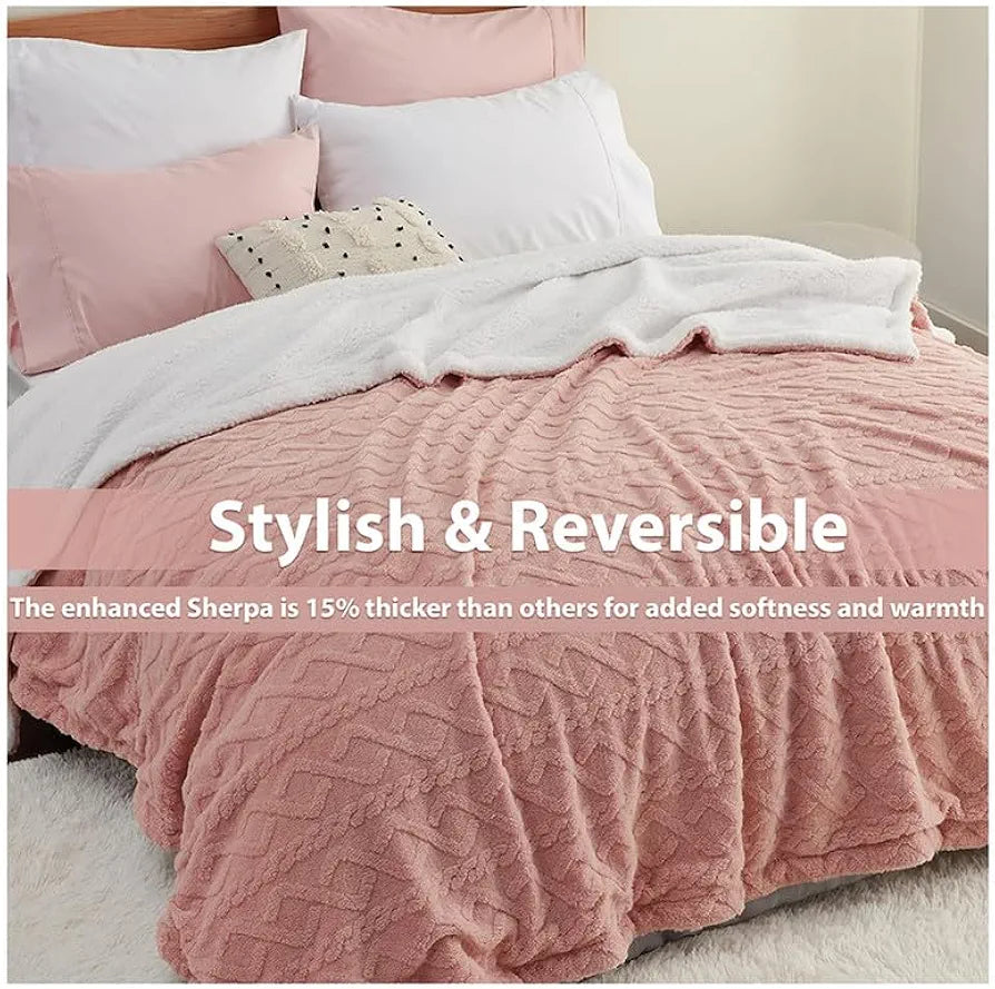 Flannel with Sherpa Luxurious Super Soft Fluffy Cozy Fuzzy Warm Reversible Double Bed Blanket for Winter 500GSM Blanket/Quilt Rajaai - Color- Pink, 230 x 220 Cm, Weight- 3kg
