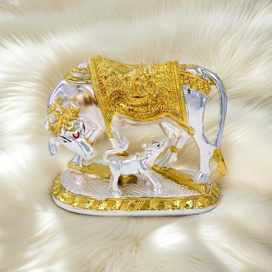 JAIPUR ACE Kamdhenu Cow with Calf Statue, Standard Size, Golden   