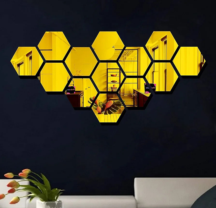 Bikri Kendra Ind - Hexagon 13 Golden Mirror Stickers For Wall, Acrylic Mirror, Wall Decor Sticker, Stickers, Self-Adhesive, 10.4 Cms