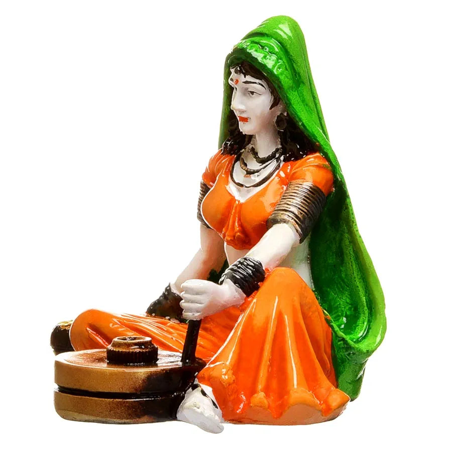 Karigaari India Hnadcrafted Polyresine Lady with Chakki Sculpture | Showpiece for Home Décor and Office