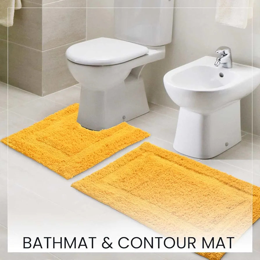 SASHAA WORLD Solid Anti-Skid Cotton Bathmat and Contour Set for Bathroom, Ultra Soft & Absorbent, Tufted Weave, Anti-Slip Latex Backing, Includes Contour & Rectangle Mat, 50X80cm, Yellow Pack of 2