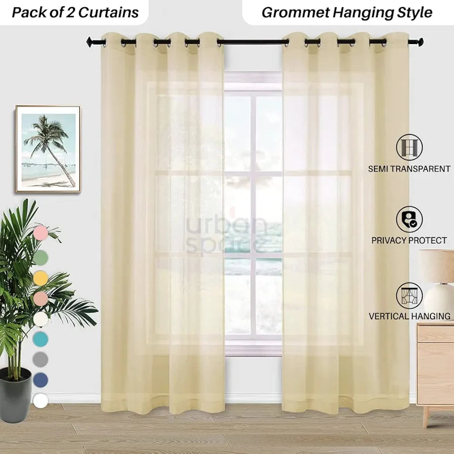 Urban Space Linen Textured Sheer Curtain for Door, 35-40% Room Darkening Curtain with Tieback and Eyelet Hanging Style, Set of 2 Decorative Curtains, Taupe 