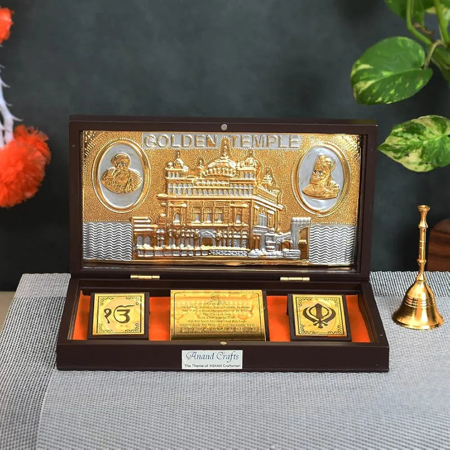 JAIPUR ACE Satnam Shri Waheguru Ji Gold Plated Charan Paduka Yantra for Health, Wealth, Prosperity & Success with Wooden Box for House Warming and Gift