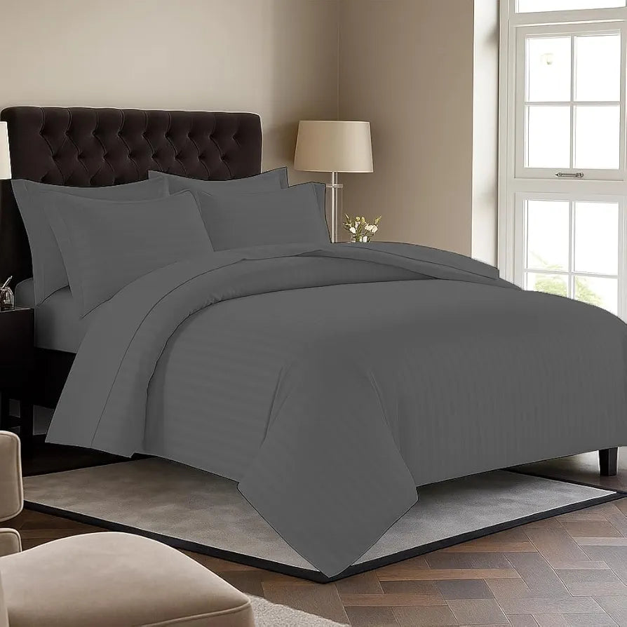 Trance Home Linen Zippered 100% Cotton 200TC Satin Stripe King Size Duvet Cover Quilt Cover Blanket Cover Razai Comforter Cover with 2 Pillow Covers 