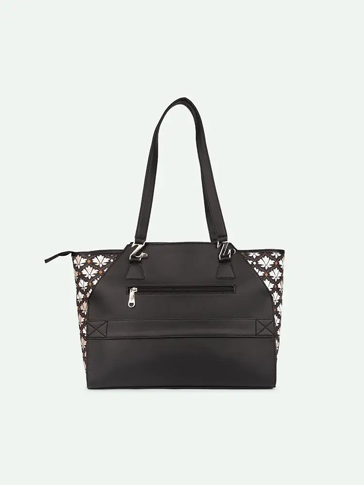 ZOUK Printed Jute Handcrafted Vegan Leather Black Women's Check-point Friendly Classic Business Bag
