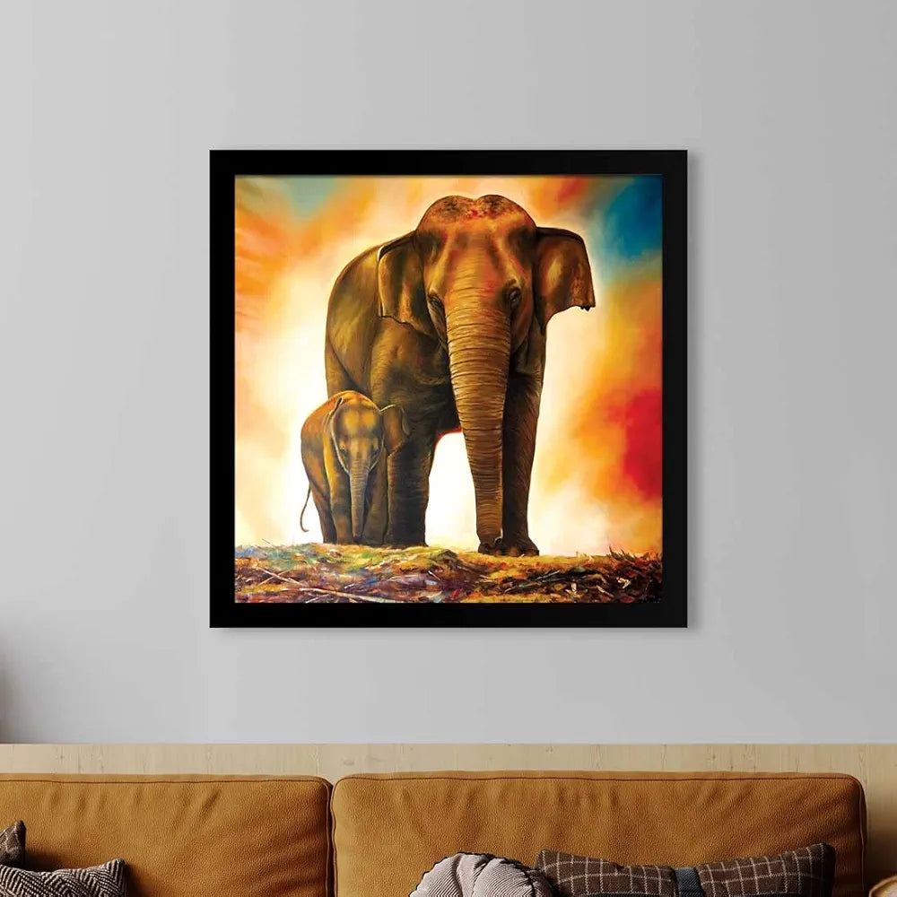 ArtX Elephant and Baby Abstract Big Canvas Painting For Bedroom With Frame, Multicolour, Square, 24.0 x 24.0 inch, 2x2 Feet, Set Of 1