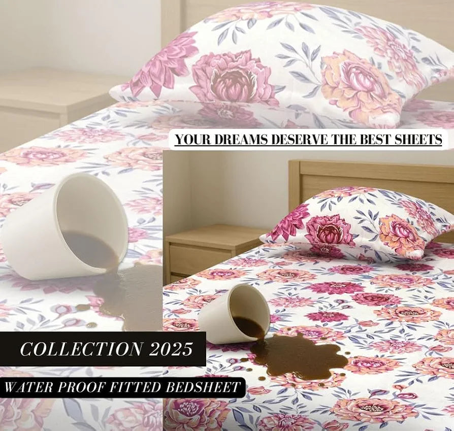 Waterproof Fitted Bedsheet for King Size 78x72+10 inch | Leakproof, Noiseless, Skin-Friendly | Elastic Bed Sheet with 2 Pillow Covers | Dustproof & Breathable -Pink & White