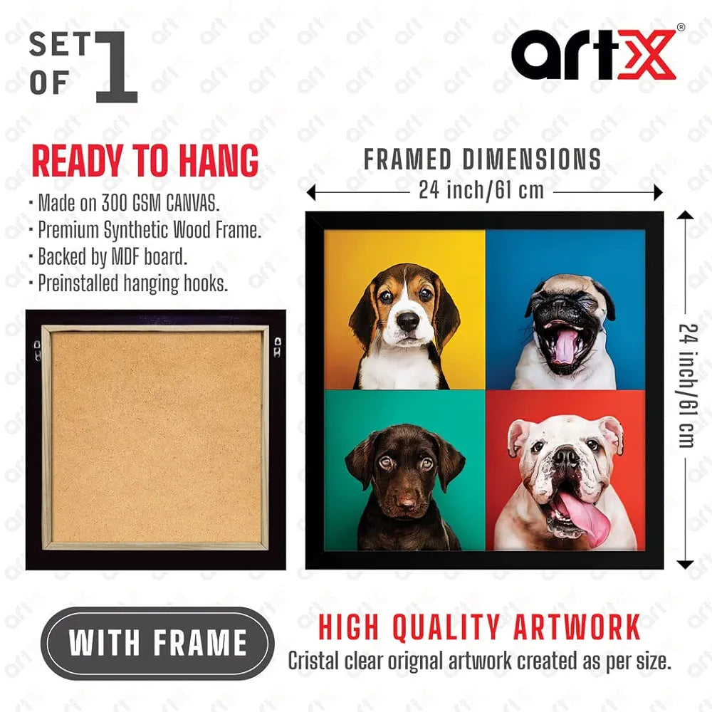 ArtX Four Dog Popart Big Canvas Painting For Bedroom and Living Room With Frame, Multicolour, Square, 24.0 x 24.0 inch, 2x2 Feet, Set Of 1