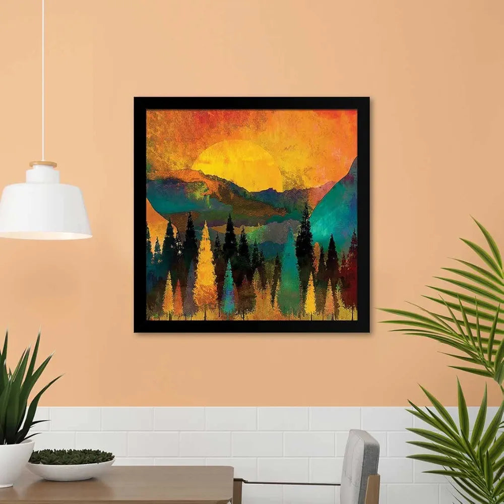 ArtX Forest Tree Sunset Big Canvas Painting For Bedroom and Living Room With Frame, Multicolour, Square, 24.0 x 24.0 inch, 2x2 Feet, Set Of 1