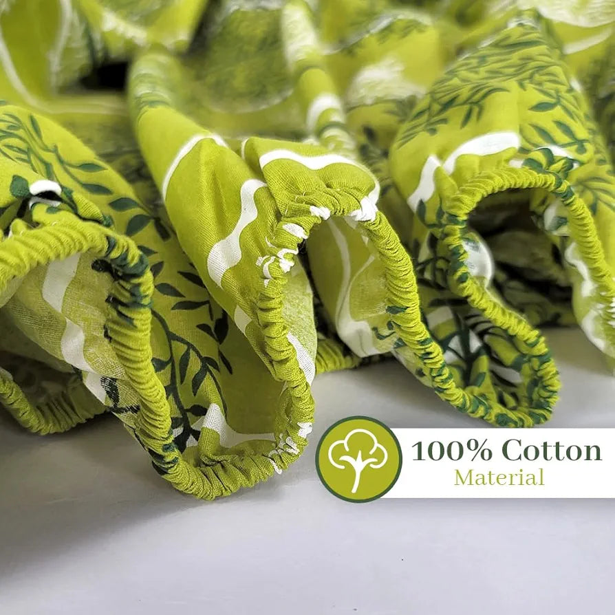 Divine Casa 144 TC Floral Green 100% Cotton Elastic Fitted Bedsheets King Size with 2 Pillow Covers - 78 x 72 inches