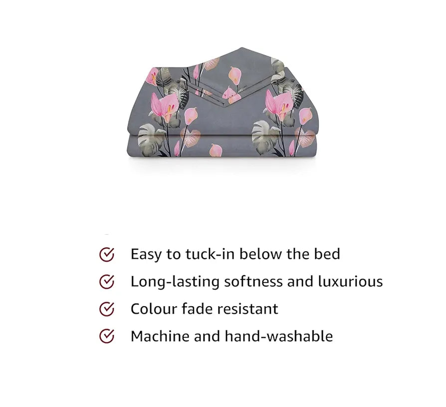 BSB HOME Premium Forever Modern Style Microfiber Floral Luxurious Beautiful Soft Comfort Designer Floral Pattern 1 Single Size Bed bedsheet and 1 Pillow Cover- Light Grey & White