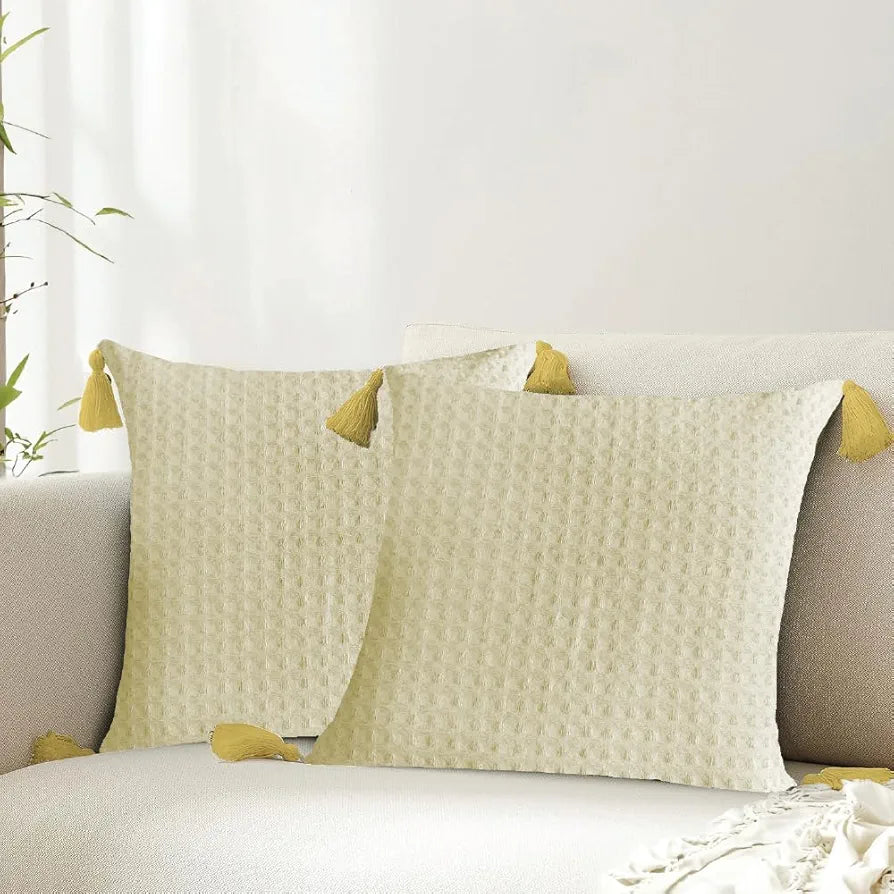 Urban Space Waffle Cotton Cushion Cover Set of 2, 16 inch x 16 inch Cushion Covers for Sofa, Bedroom, Living Room 
