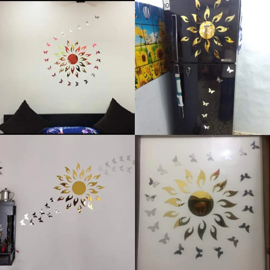 Bikri Kendra - Art BK1OLK Sun Silver with 20 Butterfly Golden - 3D Acrylic Mirror Wall Sticker