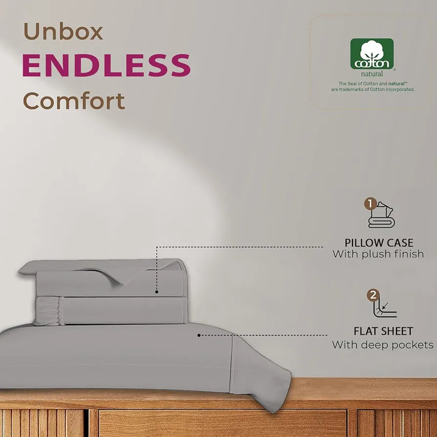 Trance Home Linen 100% Cotton 78x60 inch Queen Elastic Fitted Bedsheet | 400TC Premium Queen Double Bed Size Plain Fitted Elastic Bed Sheet with 2 Pillow Covers 