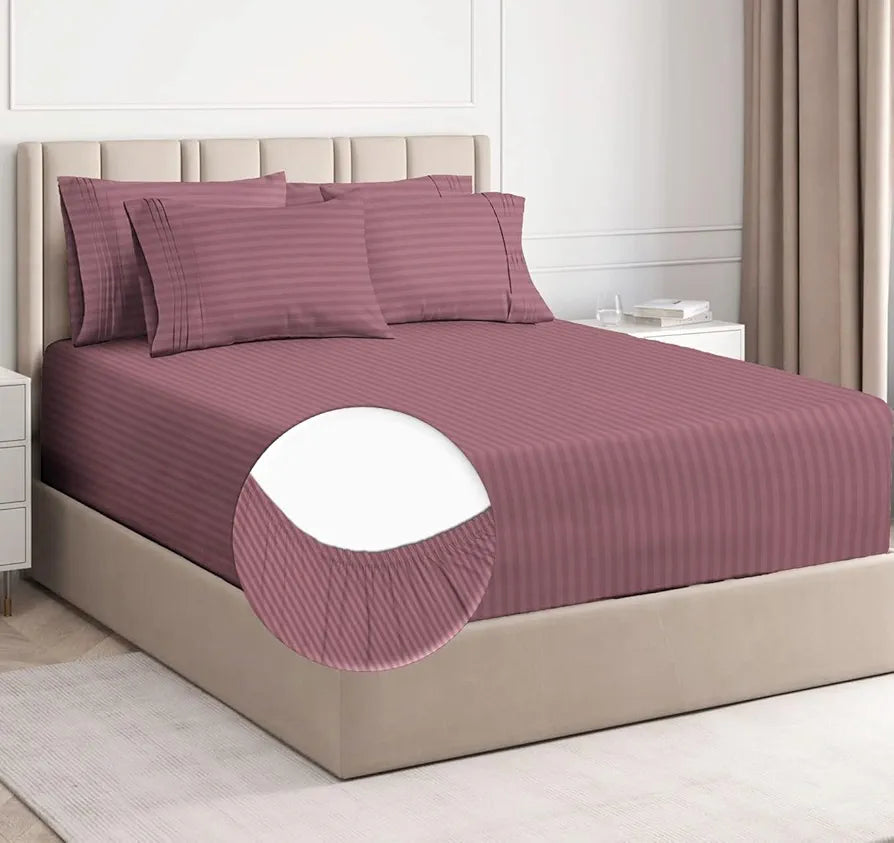 HOMEKART Premium Cotton 210Tc Elastic Fitted Bedsheets with 2 Pillow Covers,King Size Bed with All Around Elastic Wrinkelfree Supersoft Striped Pattren Breathable |Size-78 x72+10 inches |Pink, 210 TC