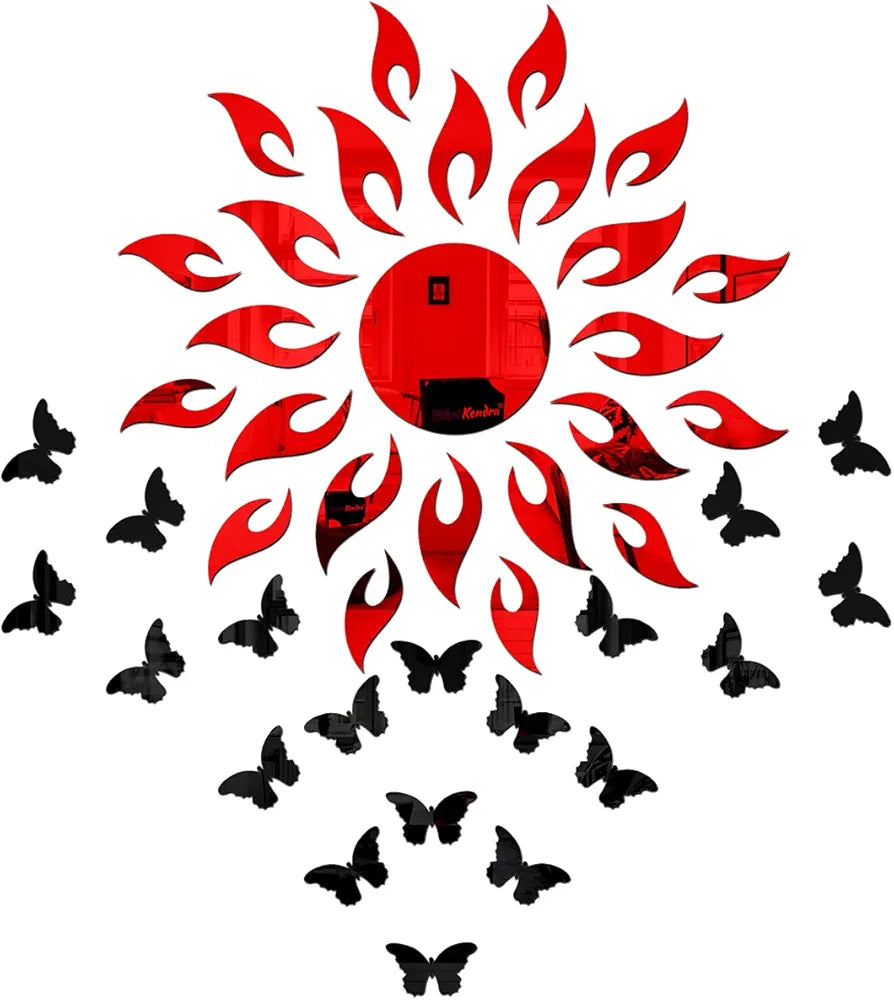 Bikri Kendra - Sun Red with 20 Black Butterfly - 3D Acrylic Mirror Stickers for Wall