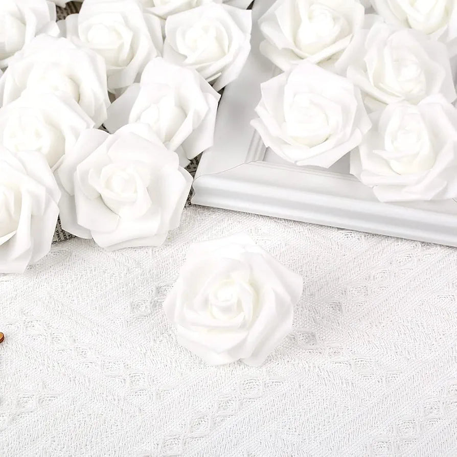 IPOPU 100 Pcs Artificial Rose Flower Heads Real Looking White Foam Fake Roses for DIY Wedding Baby Shower Centerpieces Arrangements Party Tables Home Decorations 