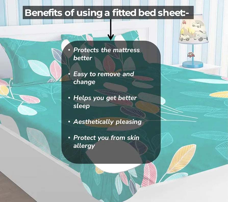 Premium Cotton Elastic Fitted Bedsheets with 2 King Size Pillow Covers Double Bed with All Around Elastic Supersoft Size - 72 x 78 +10 inches Flower Print Green and Red 200 tc - 220 tc