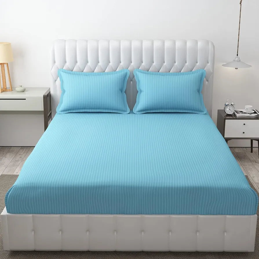 FRESH FROM LOOM Microfiber Wrinkle Resistant | Soft Skin Safe | Breathable Queen Size Flat Striped Bedsheets | Hotel & Home | Double Bedsheet Set with 2 Pillow Covers , 144 TC