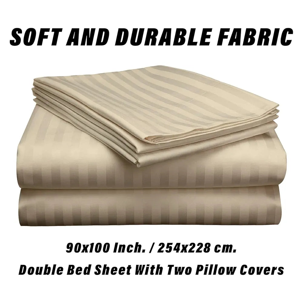 Kuber Industries Double Bedsheet with 2 Pillow Covers | 144 TC Glace Cotton Bedsheet | Satin Striped Bedsheet for Home | Hotel | Bedroom | 90x100 Inch | Cream