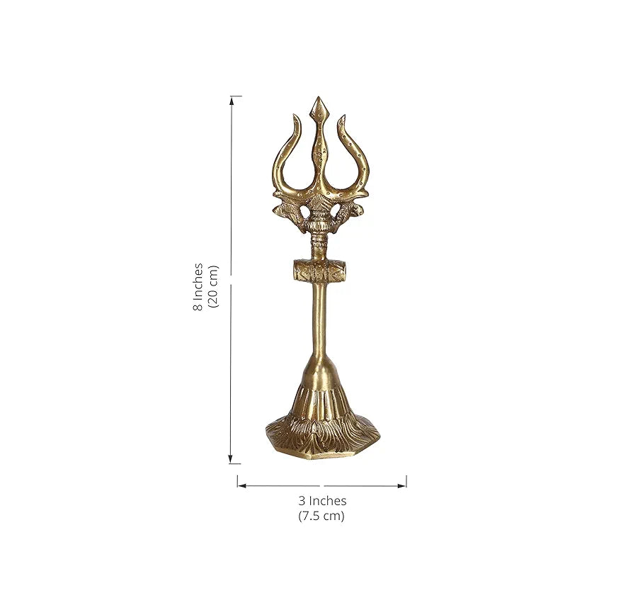 Two Moustaches 8 Inches Brass Shiva's Trishul with Damru, Antique Finish, Brass Mahadev Trishul with Damru Figurine, Shiva Trishul Statue, Solid Brass Heavy Weight 370 Grams, Standard, Pack of 1