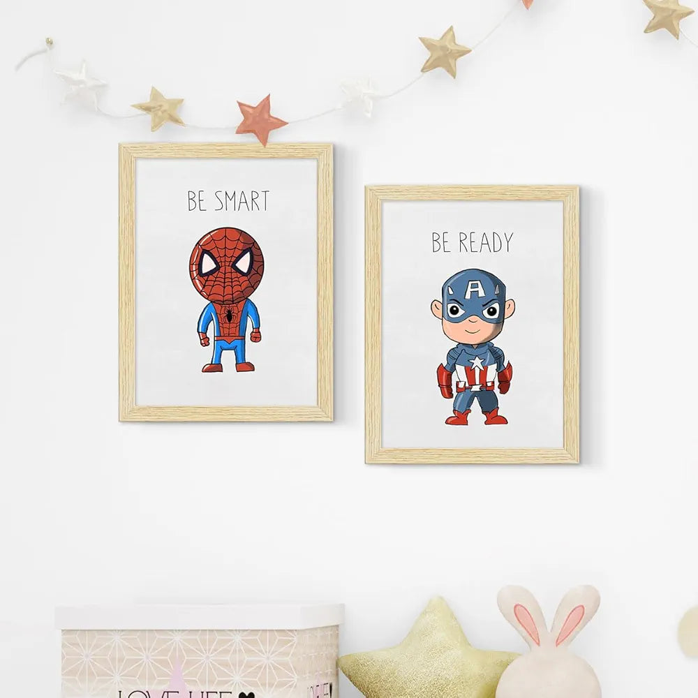 ArtX Wall Paintings For Kids Room, Superheroes Kids Room Wall Frame, Superheros, 10x13 inch each, Multicolor, Synthetic Wood, Set Of 4