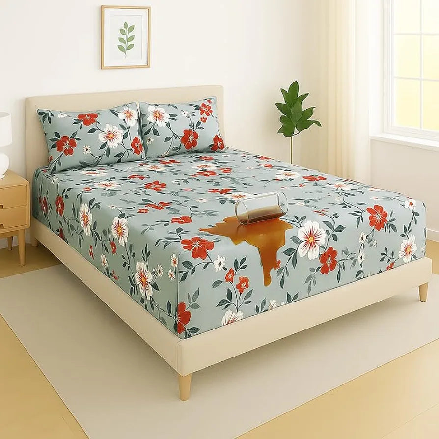 Waterproof Fitted Bedsheet for King Size 78x72+10 inch | Leakproof, Noiseless, Skin-Friendly | Elastic Bed Sheet with 2 Pillow Covers | Dustproof & Breathable -Grey & White