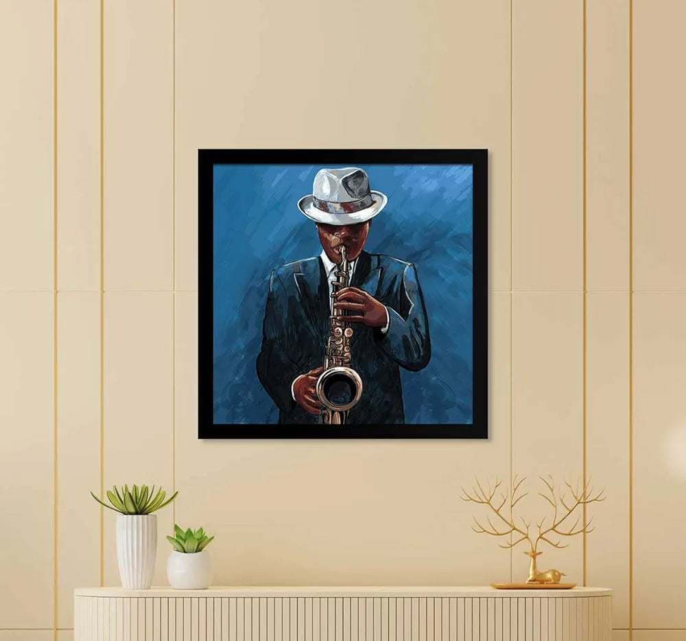 ArtX Musical instrument Man Play Saxophone Big Canvas Painting For Bedroom and Living Room With Frame, Multicolour, Square, 24.0 x 24.0 inch, 2x2 Feet, Set Of 1