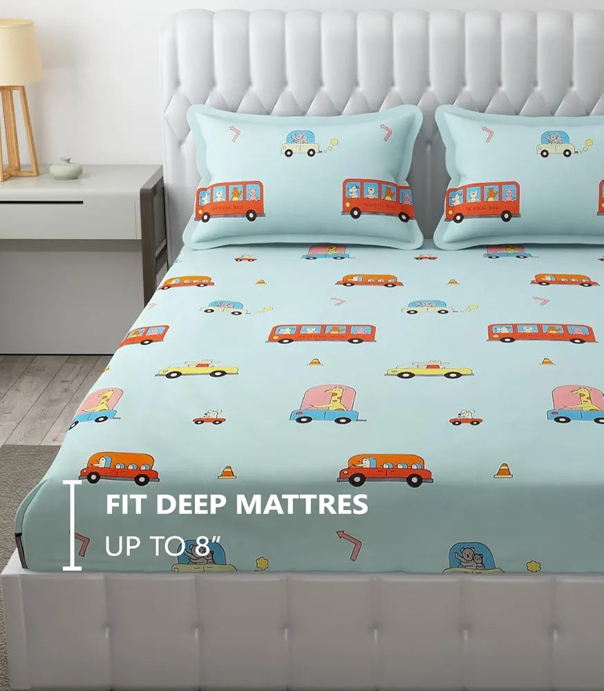 FRESH FROM LOOM 300 TC Glace Cotton Soft Hypoallergenic Elastic Fitted Bed Sheet with 2 Pillow Cover|Cartoon Printed|Kids Bedsheet |Aqua/Bus), queen