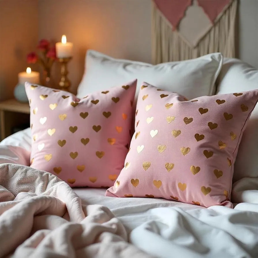 Urban Space Decorative Velvet Gold Foil Heart Cushion Cover Set of 2, 16 inch x 16 inch Cushion Covers for Sofa, Bedroom, Living Room 