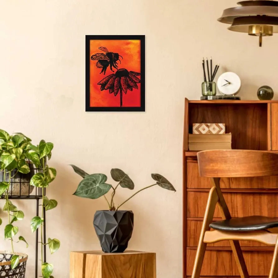 ArtX Paper Line Art Bee Sunflower Frame Wall Art Painting, Multicolor, Abstract, 10X13 inches, Set of 1