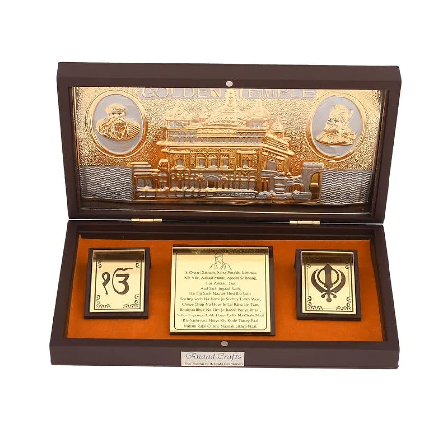 JAIPUR ACE Satnam Shri Waheguru Ji Gold Plated Charan Paduka Yantra for Health, Wealth, Prosperity & Success with Wooden Box for House Warming and Gift