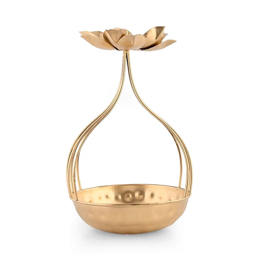 CraftVatika Metal Lotus Tealight Candle Holder for Diwali Decoration Items for Home with Base of Urli Bowl, Diwali Gift Items,- Gold 