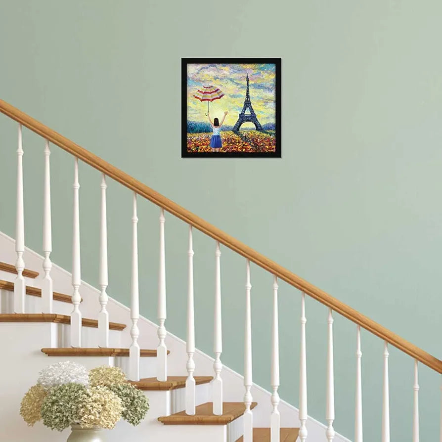 ArtX Paper Eiffel Tower Girl Framed Wall Art Painting, Multicolor, Abstract, 13 X 13 inches, Set of 1