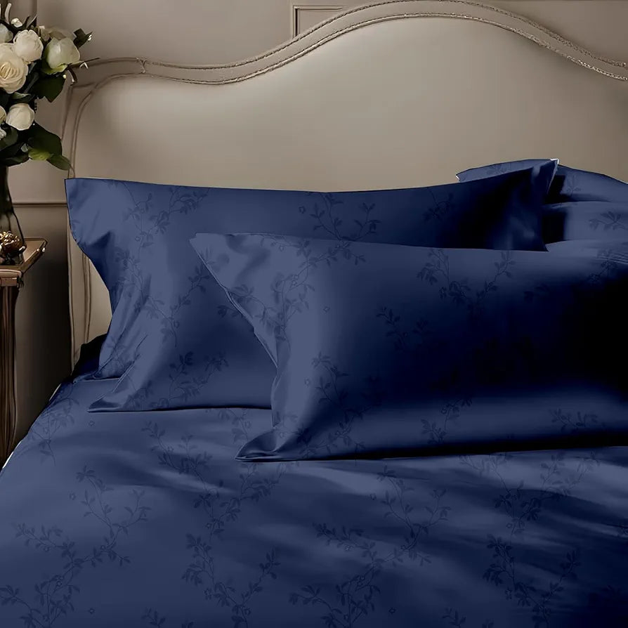 Trance Home Linen 100% Egyptian Cotton300TC Long Staple Jacquard Weave Bed Sheets Elastic Fitted Bedsheet Super Queen Bed Size Elasticated Fitted Bedspread with 2 Pillow CoversQueen 