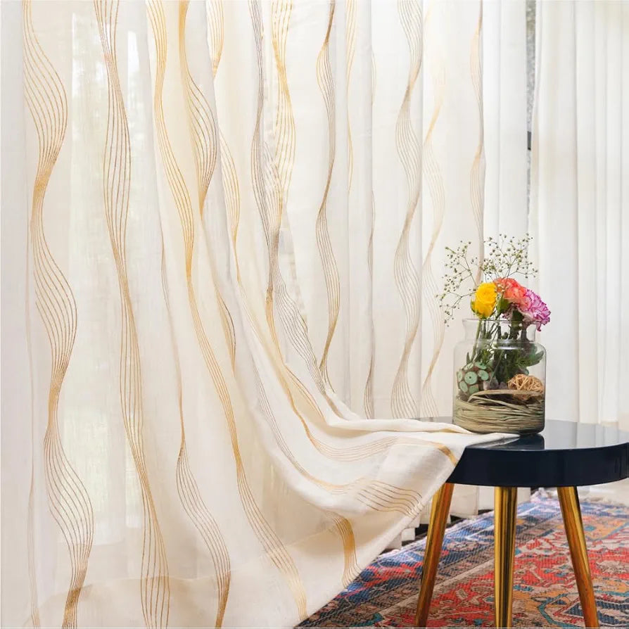 Urban Space Linen Textured Metallic Gold Foil Sheer Curtains for Door, 35-40% Room Darkening, Set of 2 Decorative Curtains with Tieback and Eyelets 