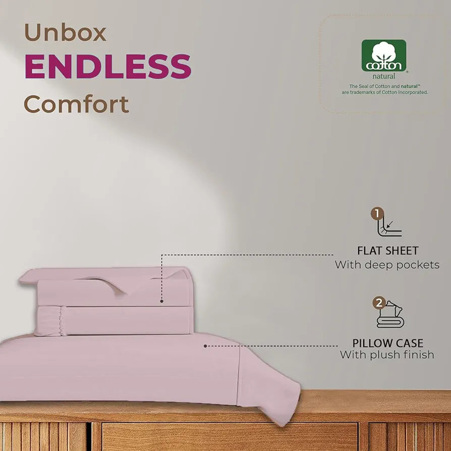 Trance Home Linen 100% Cotton 78 x 60 inch Queen Elastic Fitted Bedsheet | 400TC Premium Queen Double Bed Size Plain Fitted Elastic Bed Sheet with 2 Pillow Covers 