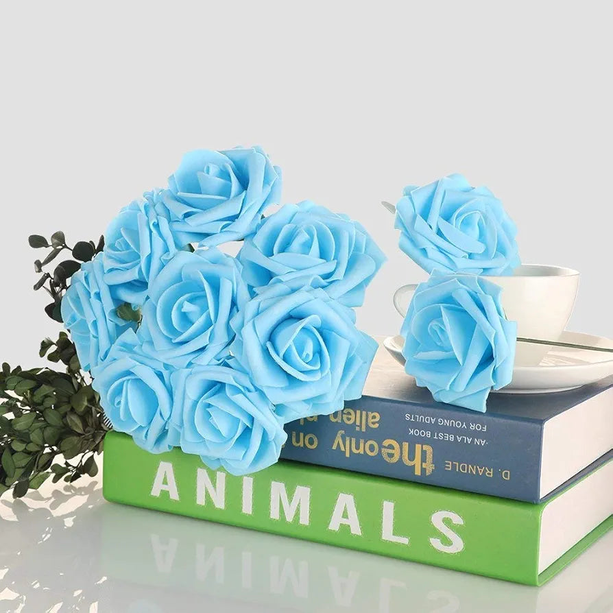 Higfra Artificial Roses Flowers Real Looking Fake Roses Artificial Foam Roses Decoration DIY Bouquets Centerpieces, Arrangements Party Home Decorations – Blue