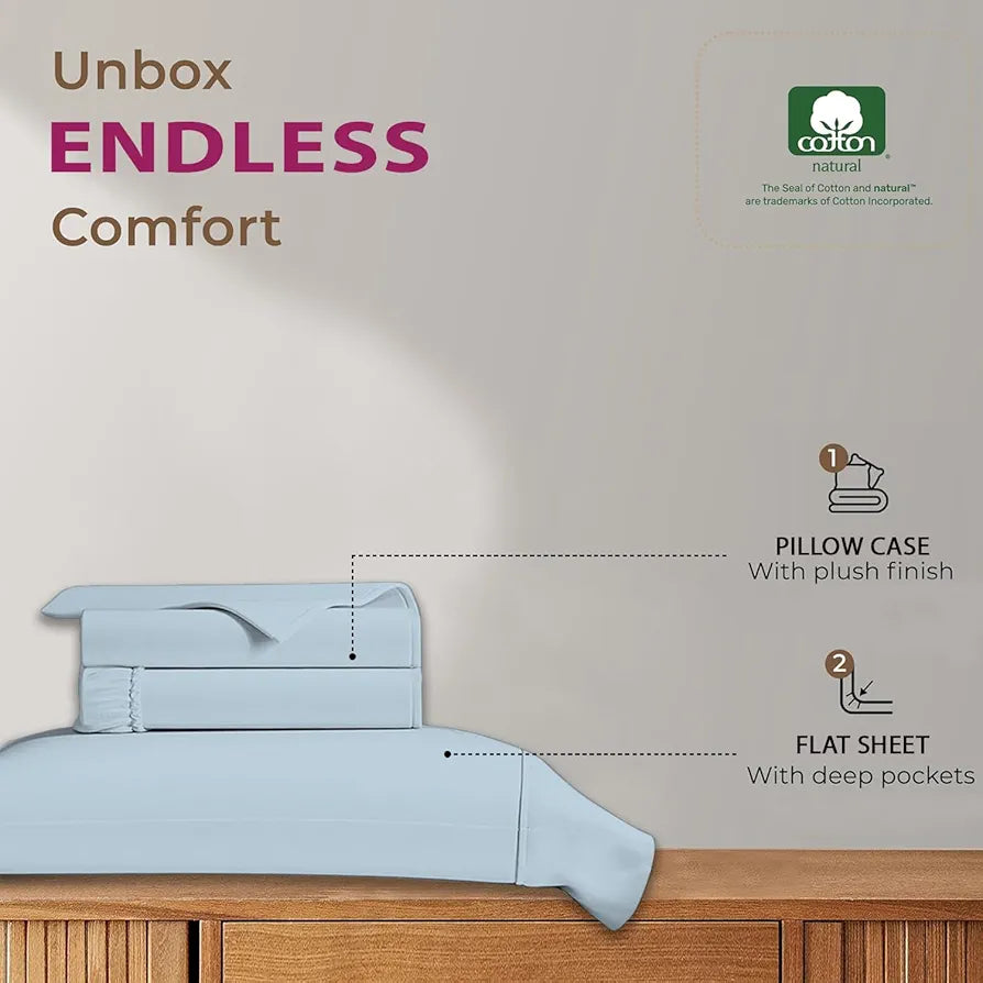 Trance Home Linen 100% Cotton 78x60 inch Queen Elastic Fitted Bedsheet | 400TC Premium Queen Double Bed Size Plain Fitted Elastic Bed Sheet with 2 Pillow Covers 