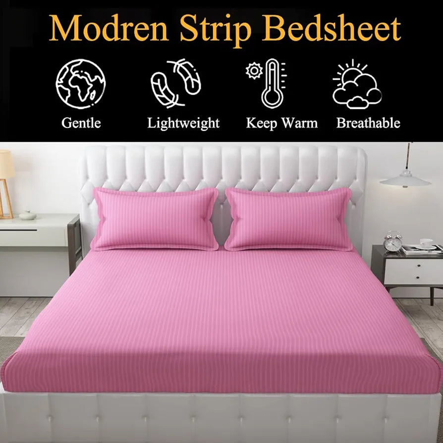 FRESH FROM LOOM Microfiber Wrinkle Resistant | Soft Skin Safe | Breathable King Size Flat Striped Bedsheets | Hotel & Home | Double Bedsheet Set With 2 Pillow Covers , 144 Tc