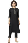 Janasya Women's Black Poly Silk Kurta with Pant - M