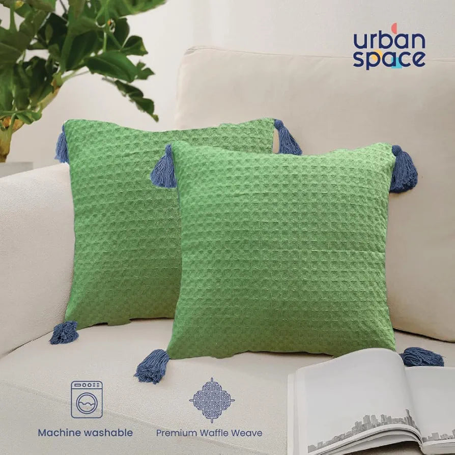 Urban Space Waffle Cotton Cushion Cover Set of 2, 16 inch x 16 inch Cushion Covers for Sofa, Bedroom, Living Room 