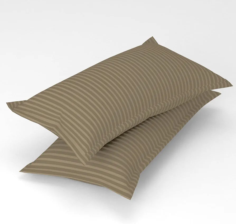 Homefab India 160 TC Stripe Cotton Feel Glace Cotton Elastic Fitted King Size Double Bed Bedsheet with 2 Pillow Covers Fits Upto 6 inches Mattress, Size-72X78 inches, Beige