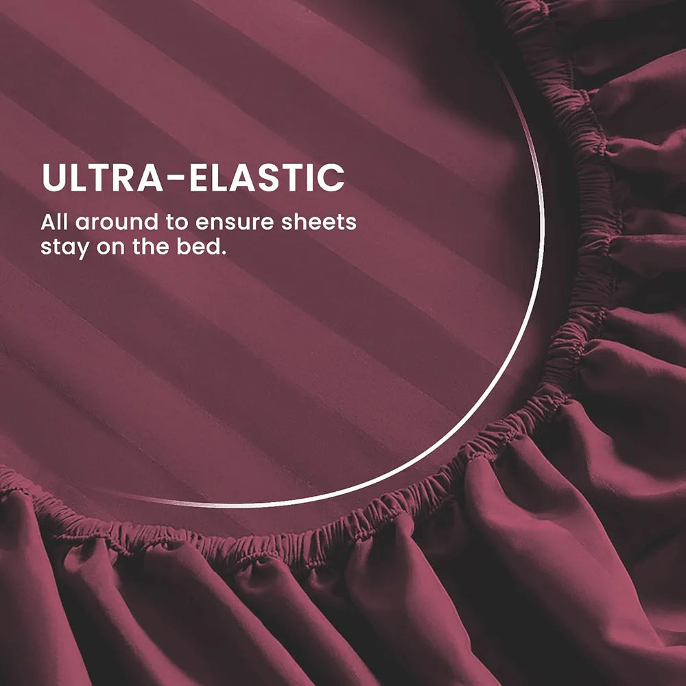 Cloth Fusion Elastic Fitted Glace Cotton Satin Striped Bedsheet Queen Size with 2 Pillow Covers 