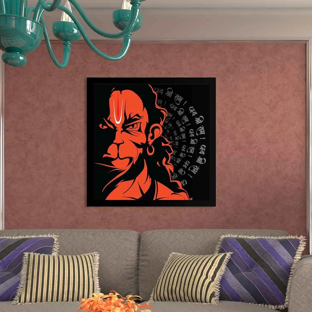 ArtX Hanuman Ji With Mantra Big Canvas Painting For Living Room With Frame, Multicolour, Square, 24.0 x 24.0 inch, 2x2 Feet, Set Of 1