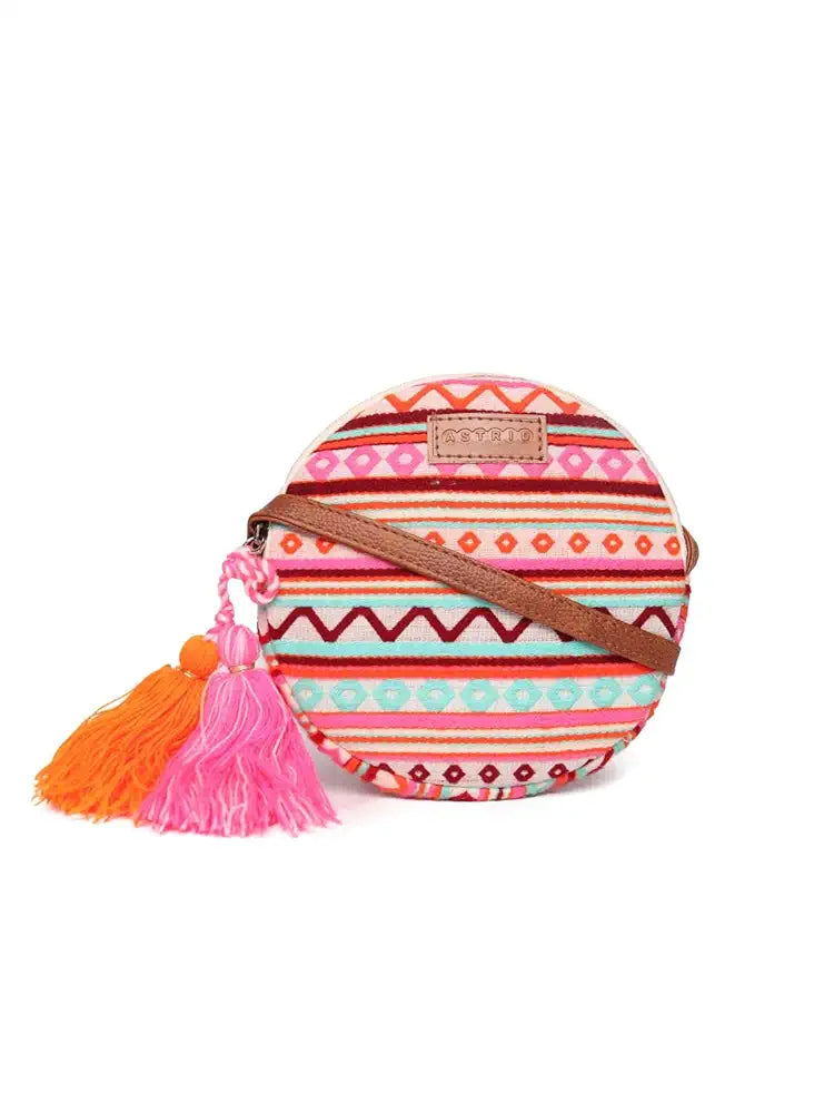 ASTRID Round Textured Sling Bag For Girls With Zip