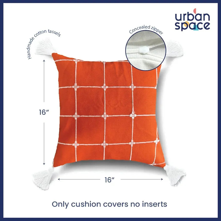 Urban Space Embroidered Cotton Cushion Cover Set of 2, 16 inch x 16 inch Cushion Covers for Sofa, Bedroom, Living Room 