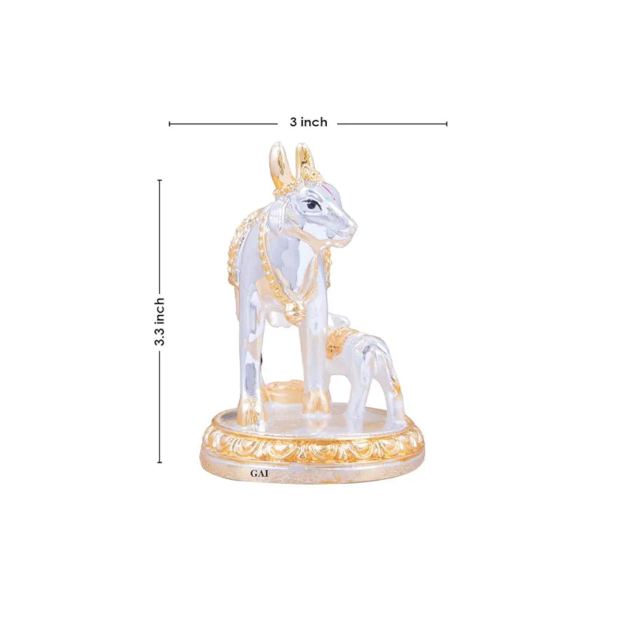 Gold Art India Kamdhenu Cow with Calf Idol Gold Silver Plated | Home Decor Gaay Bachda Cow |Calf for Vastu | Positive Energy | Wealth Idol Diwali Puja | Housewarming 3.3